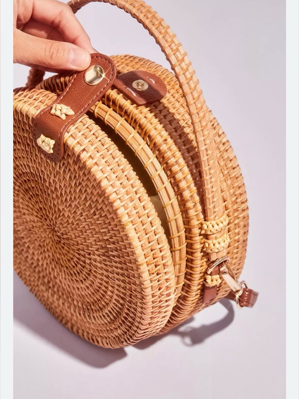 Woven Round Straw Crossbody Bag with Brown Leather Trim